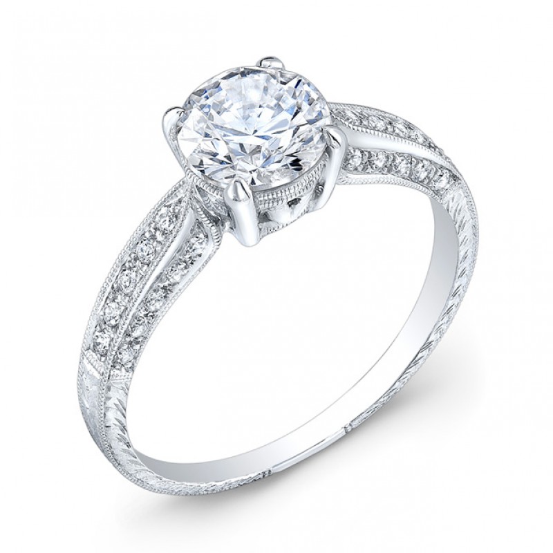Diamond Engagement Ring, Hand Engraved With Fine Millgrained Enging