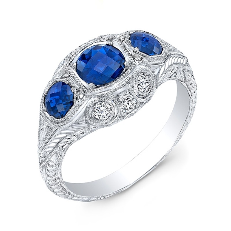 Antique Inspired Three Stone Blue Sapphire & Diamonds Ring
