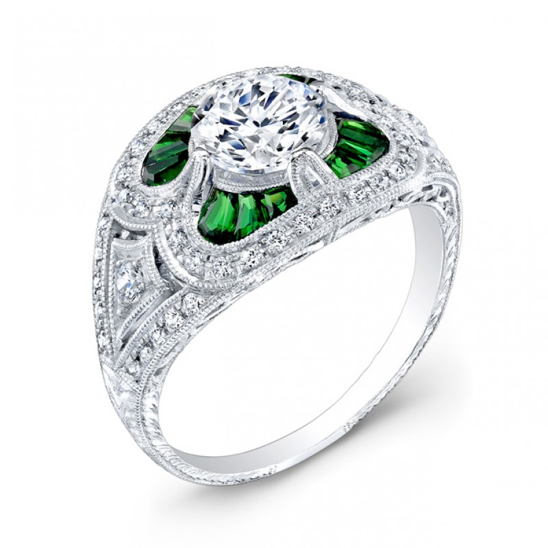 Antique Inspired Diamond & Tsavorite Engagement Ring