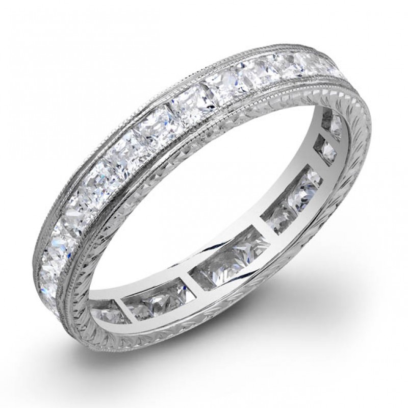 Princess Cut Diamonds Channel Set in a Hand Engraved and Mill Grained Stackable Ring