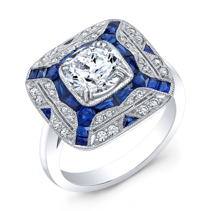 Art Deco Blue Sapphire and Diamond Ring