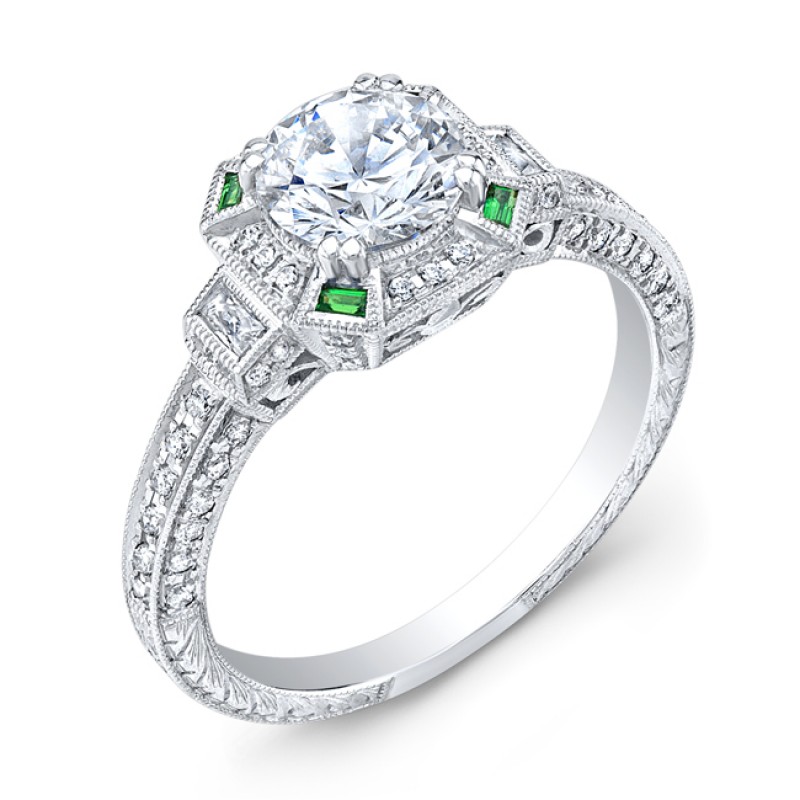 Art Deco Style, Diamond & Emerald Engagement Ring