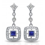 Cushion shape square Diamond Post Earrings with Blue Sapphire Princess Cuts