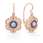 Diamonds & Custom Cut Blue Sapphires 3D Flower Lever Back Earrings