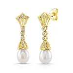 Bezel Diamond and Pearl Dangle Earrings