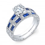 Custom Cut Baguette Blue Sapphires and Diamonds Stackable ring set