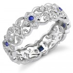 Eloquently Mill Grained Diamond and Blue Sapphire Stackable Ring