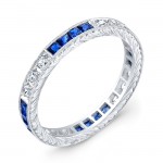 Diamond and Blue Sapphires Engraved Ring