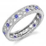 Lace Like Engraved & Mill Grained Satackable Ring With Round Brilliant Cut Diamonds and Blue Sapphires
