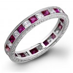 Princess Cut Pink Sapphire and Diamonds Channel Set in a Hand Engraved and Mill Grained Stackable Ring