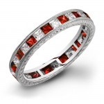 Princess Cut Rubies and Diamonds Channel Set in a Hand Engraved and Mill Grained Stackable Ring