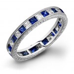 Princess Cut Blue Sapphire and Diamonds Channel Set in a Hand Engraved and Mill Grained Stackable Ring