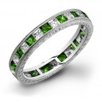 Princess Cut Tsavorite and Diamonds Channel Set in a Hand Engraved and Mill Grained Stackable Ring