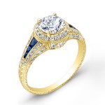 Diamond Halo & Custom Cut Blue sapphires Engagement Ring