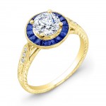 Art Deco Custom Cut Blue Sapphire Halo and Diamond Engagement Ring