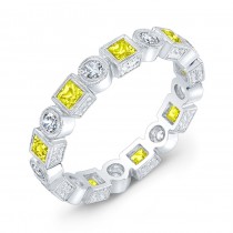 Bezel Set Princess Cut Yellow Sapphire and Round Diamond Ring