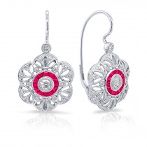 Diamonds & Custom Cut Rubies 3D Flower Lever Back Earrings