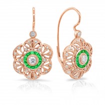 Diamonds & Custom Cut Emeralds 3D Flower Lever Back Earrings