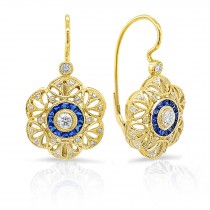 Diamonds & Custom Cut Blue Sapphires 3D Flower Lever Back Earrings
