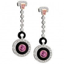 Diamond and Pink Sapphire Art Deco Earrings With Onyx Accents