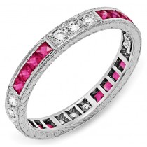 Diamond and Pink Sapphires Engraved Ring