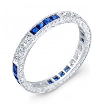 Diamond and Blue Sapphires Engraved Ring