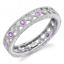 Lace Like Engraved & Mill Grained Satackable Ring With Round Brilliant Cut Diamonds and Pink Sapphires