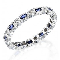 Hand Engraved Blue Sapphire and Diamond Stackable Ring Accented by Fine Mill Graining