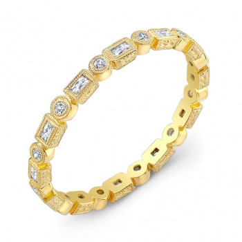 Engraved, Stackable Yellow Gold, Diamond Ring