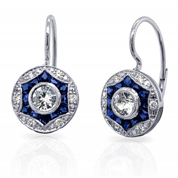 Diamonds & Custom Cut Blue Sapphires Lever Back Earrings. (Semi Mount)
