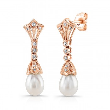 Bezel Diamond and Pearl Dangle Earrings