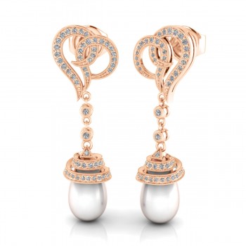 Diamond Abstract Heart Shape and Pearl Drop Post Dangle Earrings
