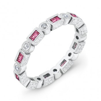 Baguette Pink Sapphire and Diamond Stackable Ring 