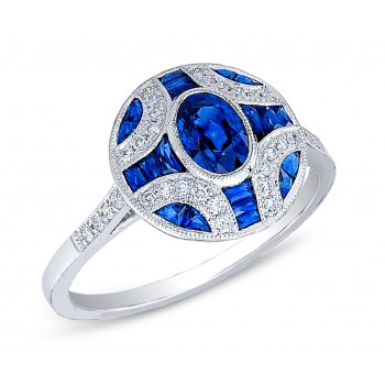 Art Deco Custom Cut Blue Sapphire Oval Ring