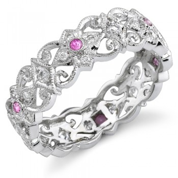 Eloquently Mill Grained Diamond and Pink Sapphire Stackable Ring
