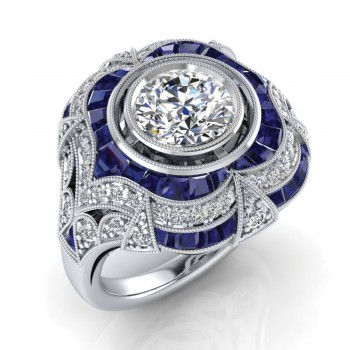 Custom Cut Blue Sapphire and Diamond Engagement Ring