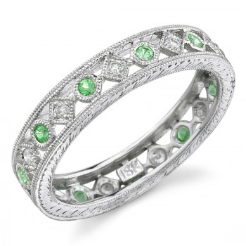 Lace Like Engraved & Mill Grained Satackable Ring With Round Brilliant Cut Diamonds and Tsavorite