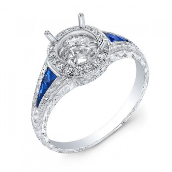 Diamond Halo & Blue Sapphire Engagement Ring