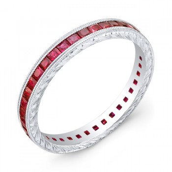 Hand Engraved Gold Ring set with Princess Cut Rubies