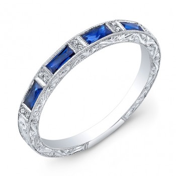 Custom Cut Baguette Blue Sapphires and Diamonds Stackable Band