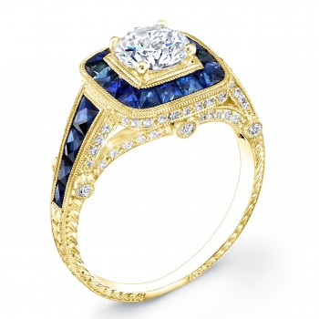 Art Deco Style Blue Sapphire and Diamond Engagement Ring